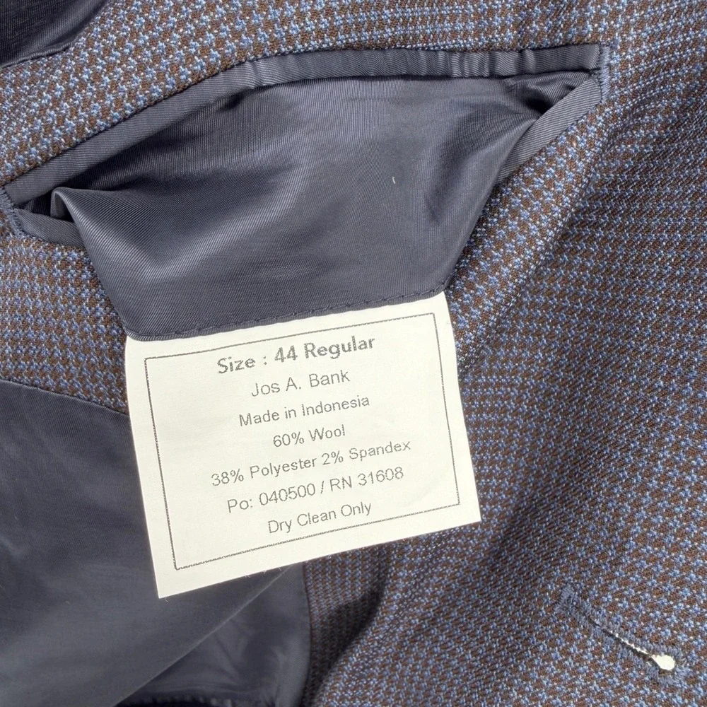 Jos A Bank Mens 44R Sport Coat Navy Brown Micro Check Wool Blend Suit Blazer